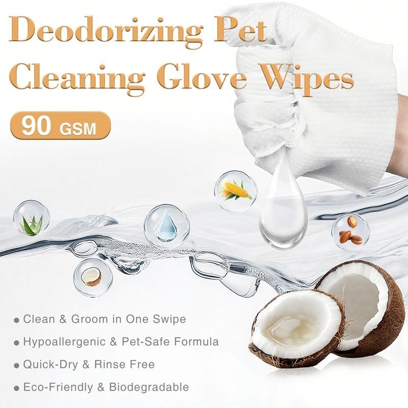 The Spoiled Pet Club hypoallergenic deodorizing pet cleaning glove wipes with natural ingredients like coconut and aloe vera.