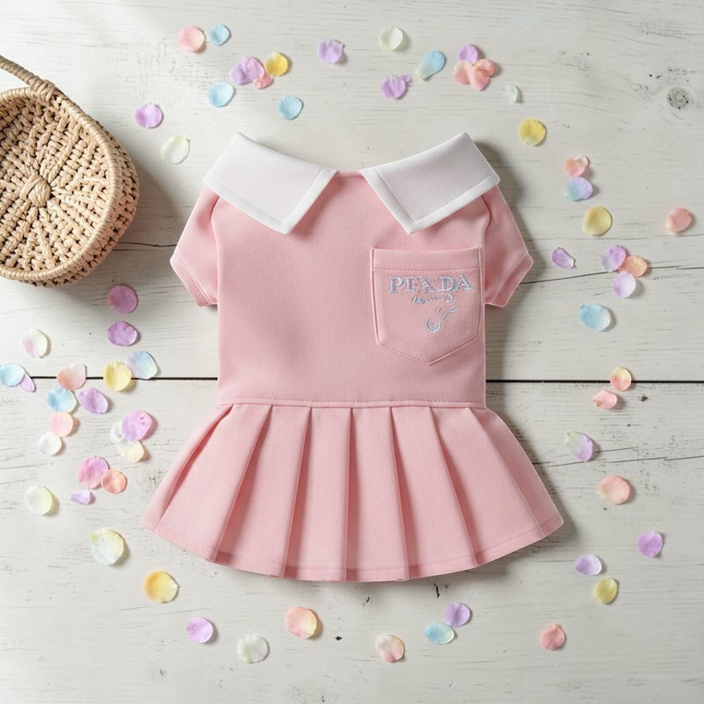 The Spoiled Pet Club pink cotton dog dress with a white collar, pleated skirt, and embroidered chest pocket.