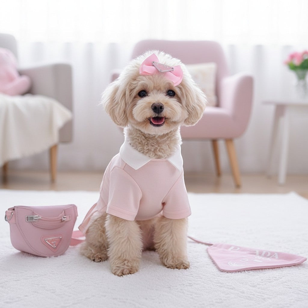 The Spoiled Pet Club pink cotton dog dress with a white collar, worn by a poodle with a matching pink hair bow.