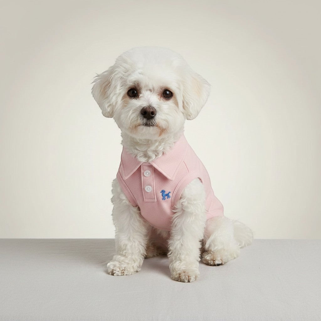 The Spoiled Pet Club pink polyester dog polo shirt with embroidered dog logo, tailored collar, and button detail.