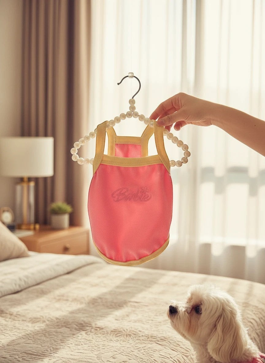 The Spoiled Pet Club pink acrylic fiber dog tank with Barbie logo and gold trim. A small white dog looks up at it.