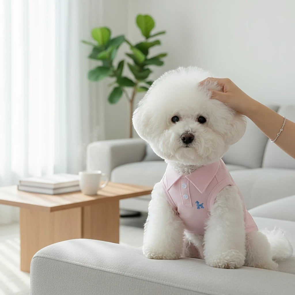 The Spoiled Pet Club pink polyester dog vest with embroidered dog detail and tailored collar.