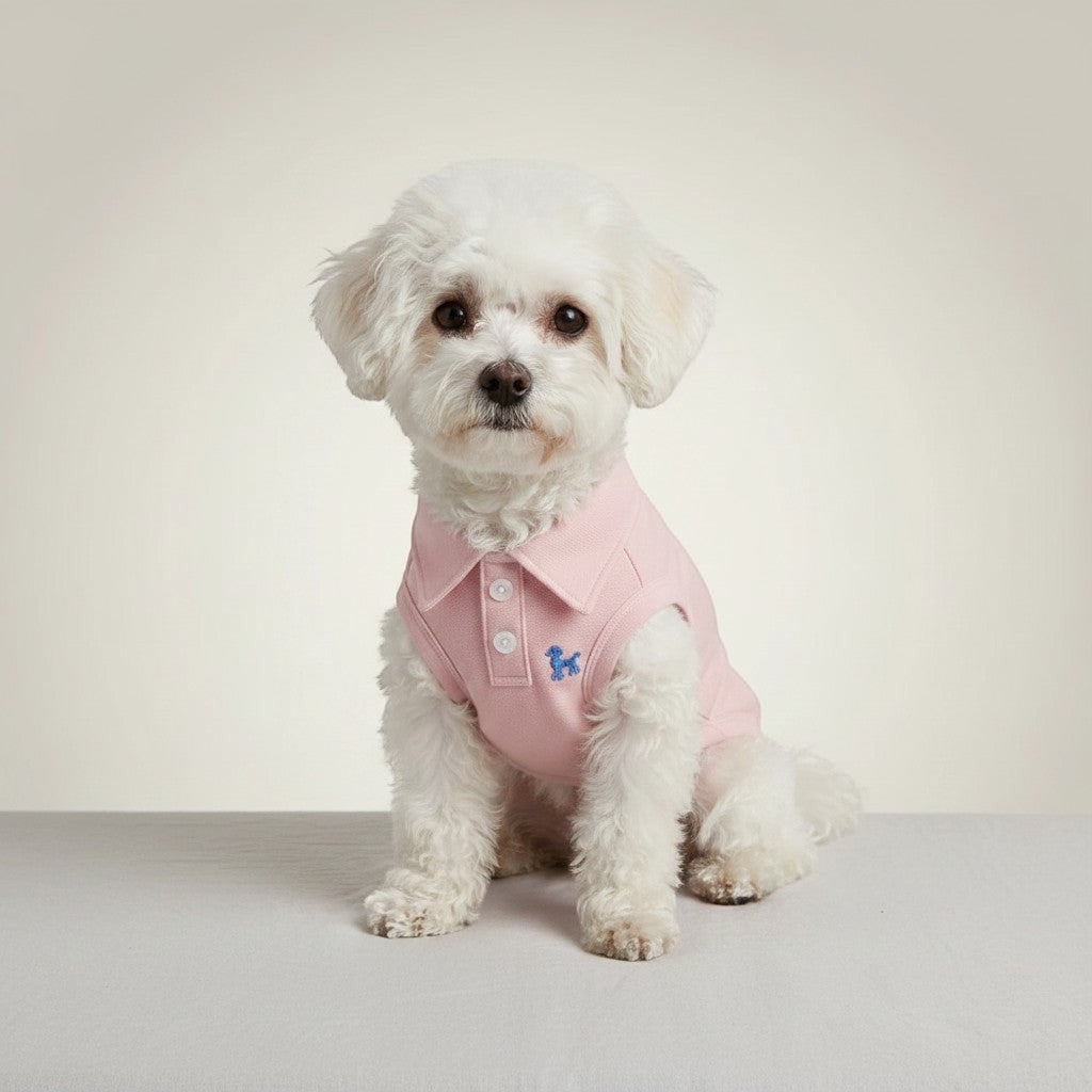The Spoiled Pet Club pink polyester dog vest with blue embroidered poodle and white buttons