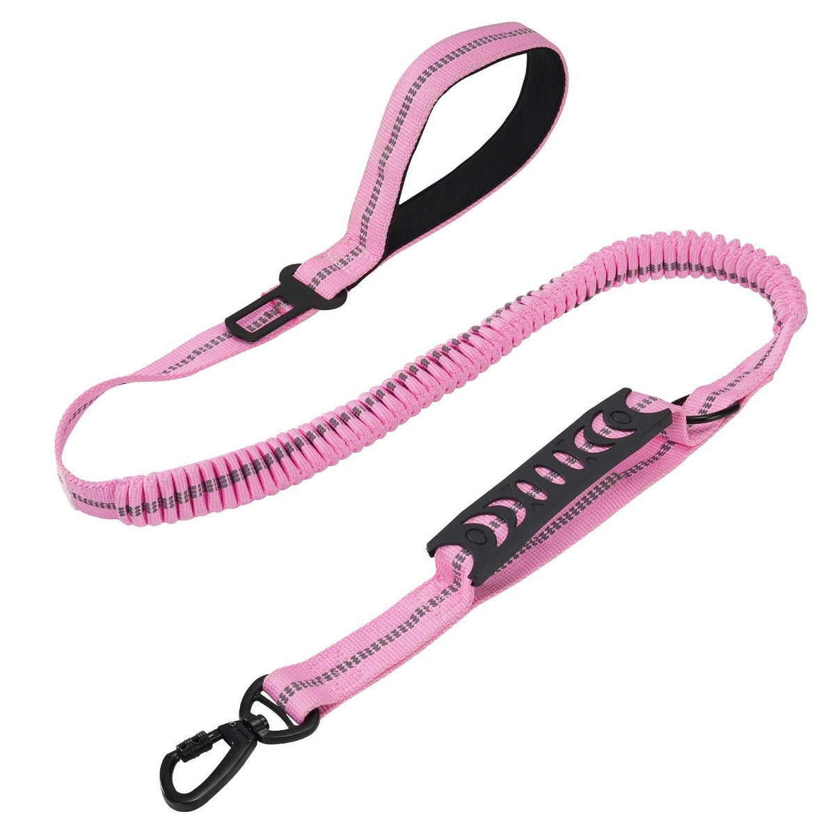 The Spoiled Pet Club pink multifunctional dog leash with anti-shock polyester design and secure seatbelt attachment.