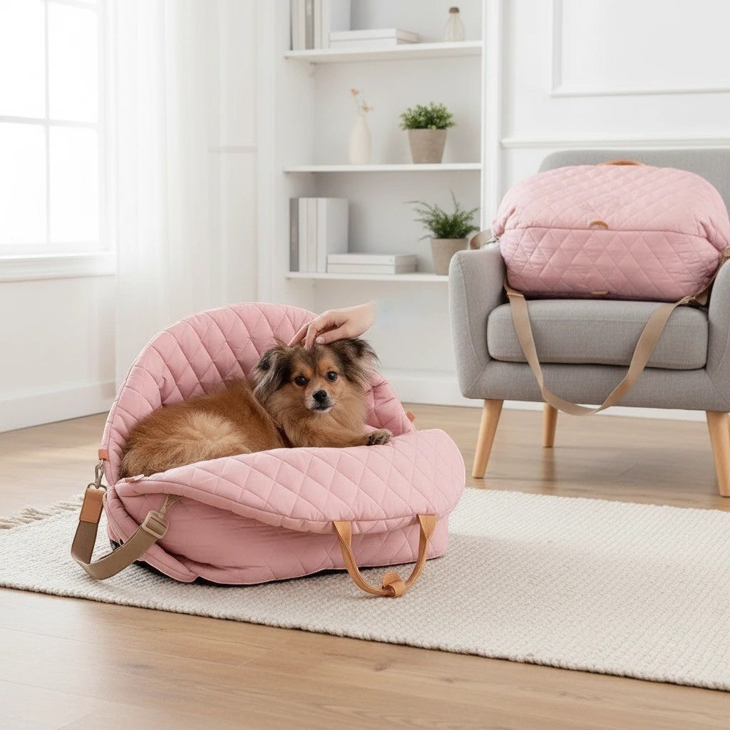The Spoiled Pet Club pink quilted nylon pet carrier bag with a small dog resting inside on a living room rug