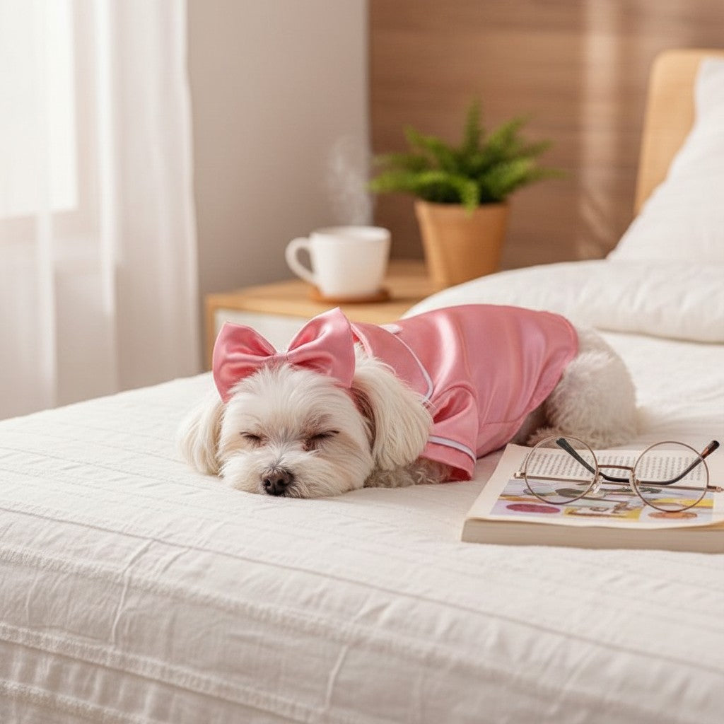 The Spoiled Pet Club pink satin dog pajamas with matching bow on a sleeping white dog in a cozy bedroom setting.