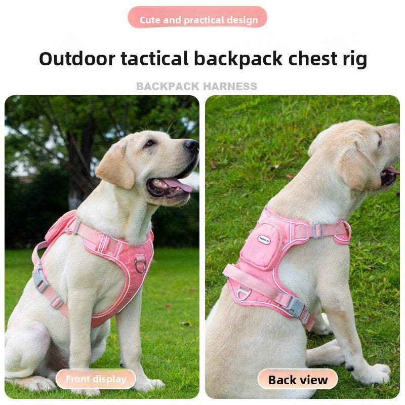 The Spoiled Pet Club peach powder tactical dog harness with backpack and reflective trim on a Labrador
