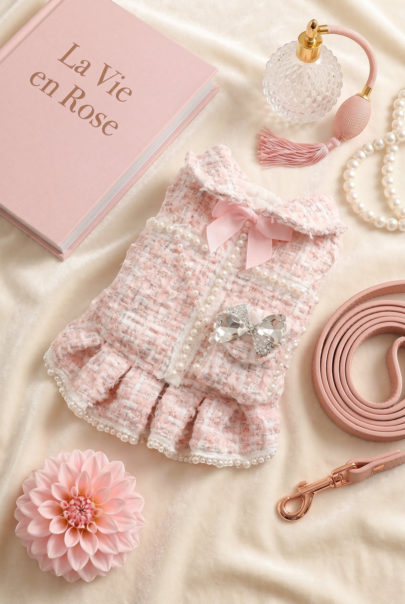 The Spoiled Pet Club pink tweed dog dress with pearl trim, a crystal bow, and a soft collar on a cream background.