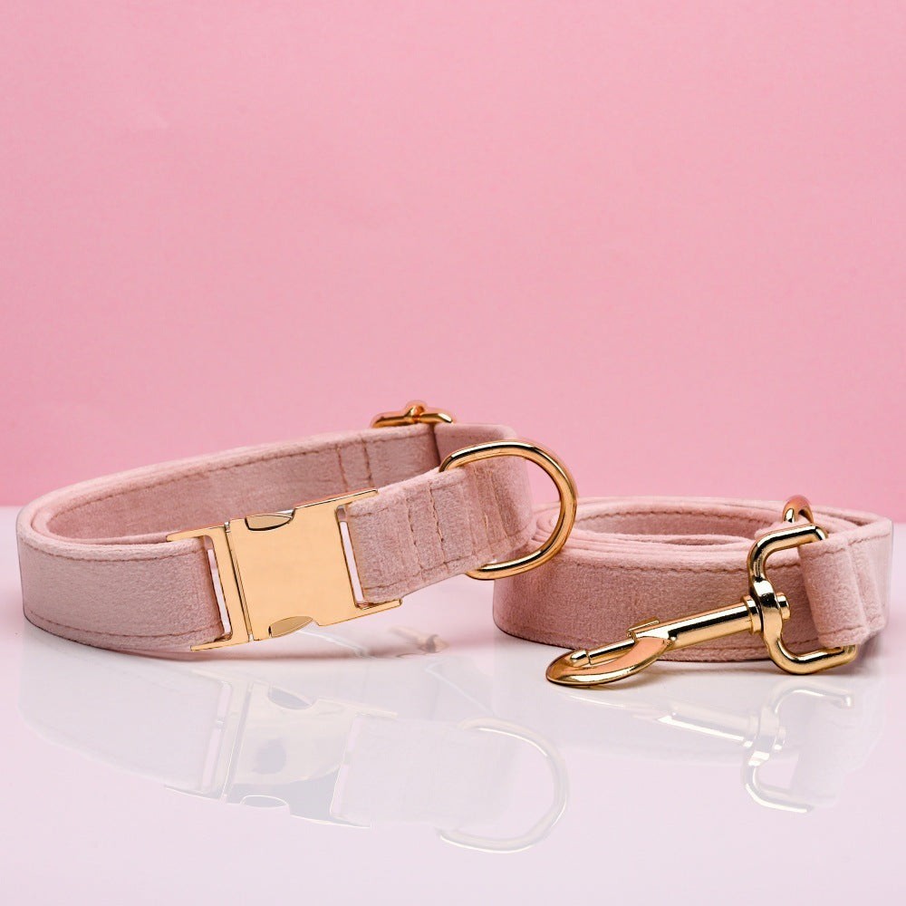 The Spoiled Pet Club light pink velvet dog collar and leash set with gold hardware. Adjustable and comfortable.