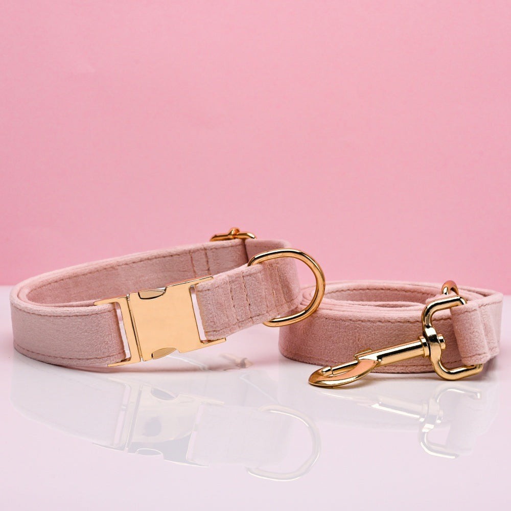 The Spoiled Pet Club pink velvet dog collar and leash set with gold-tone metal hardware on a soft pink background.