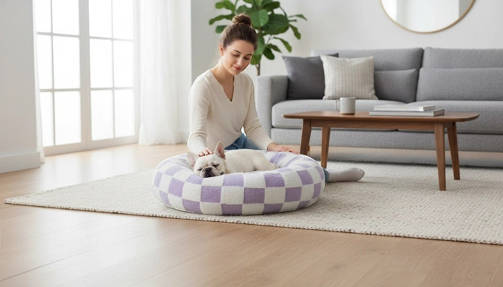 The Spoiled Pet Club round purple and white plaid pet bed with a French Bulldog sleeping comfortably on a rug.