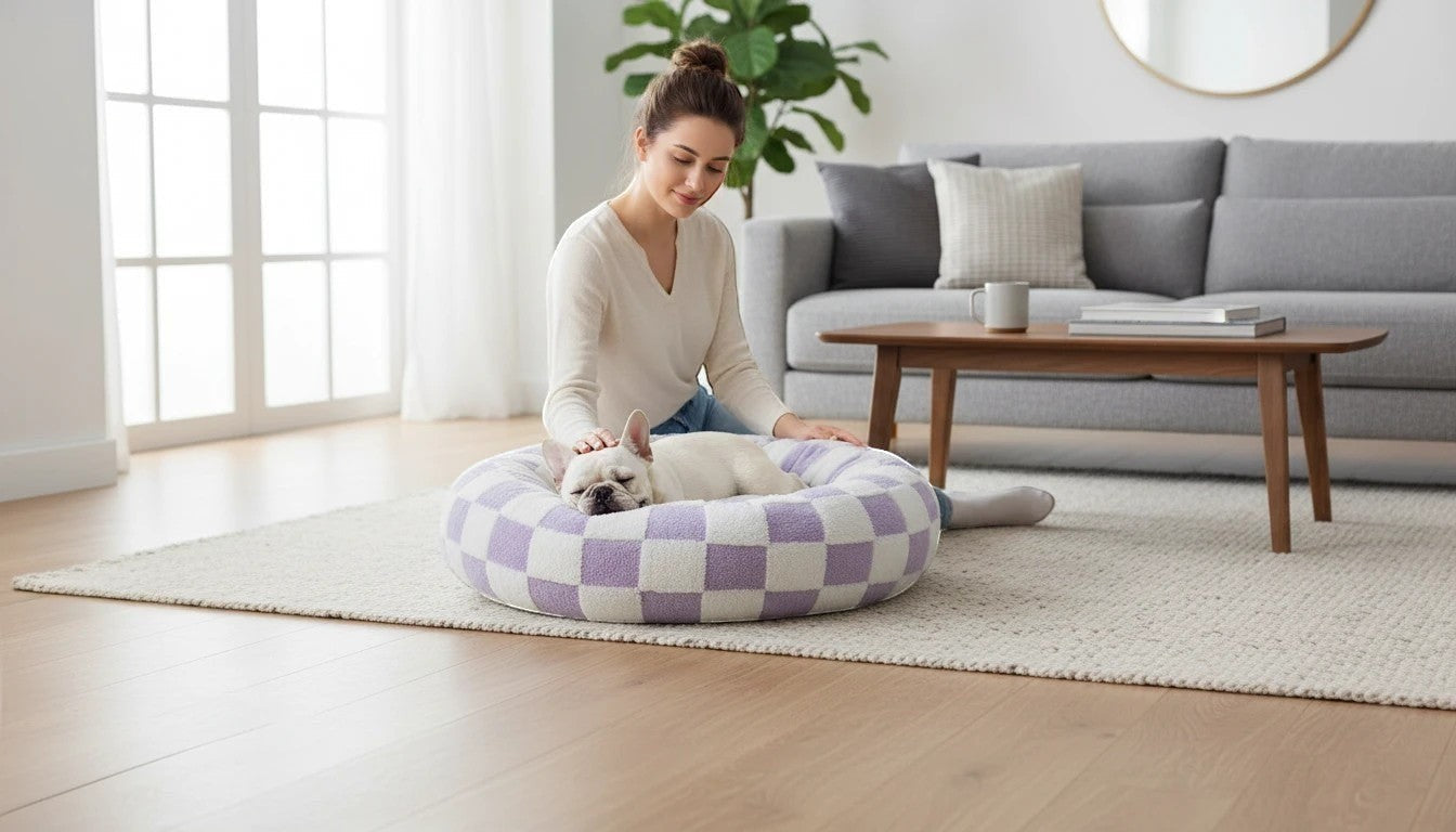 The Spoiled Pet Club round purple and white plaid pet bed with a French Bulldog sleeping comfortably on a rug.