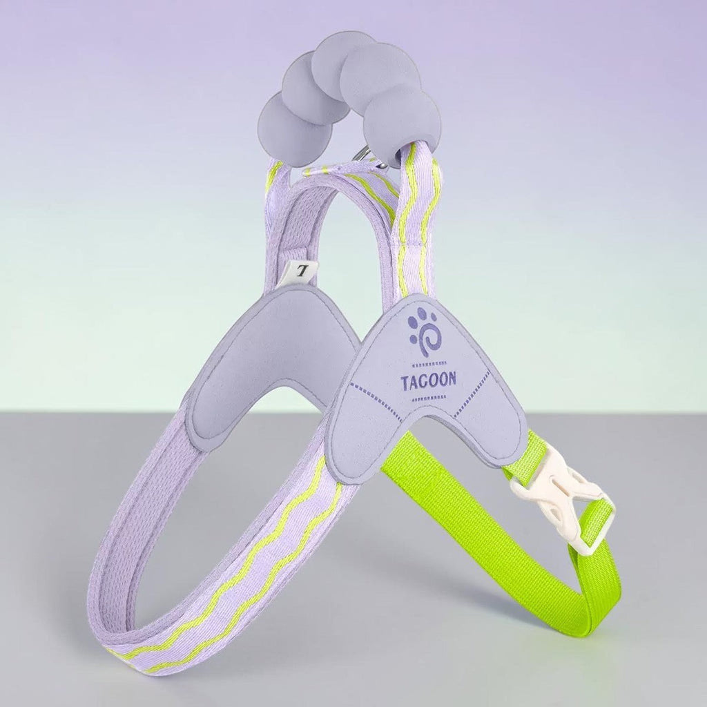 The Spoiled Pet Club purple dog harness with a cloud-shaped sponge handle and adjustable polypropylene straps.
