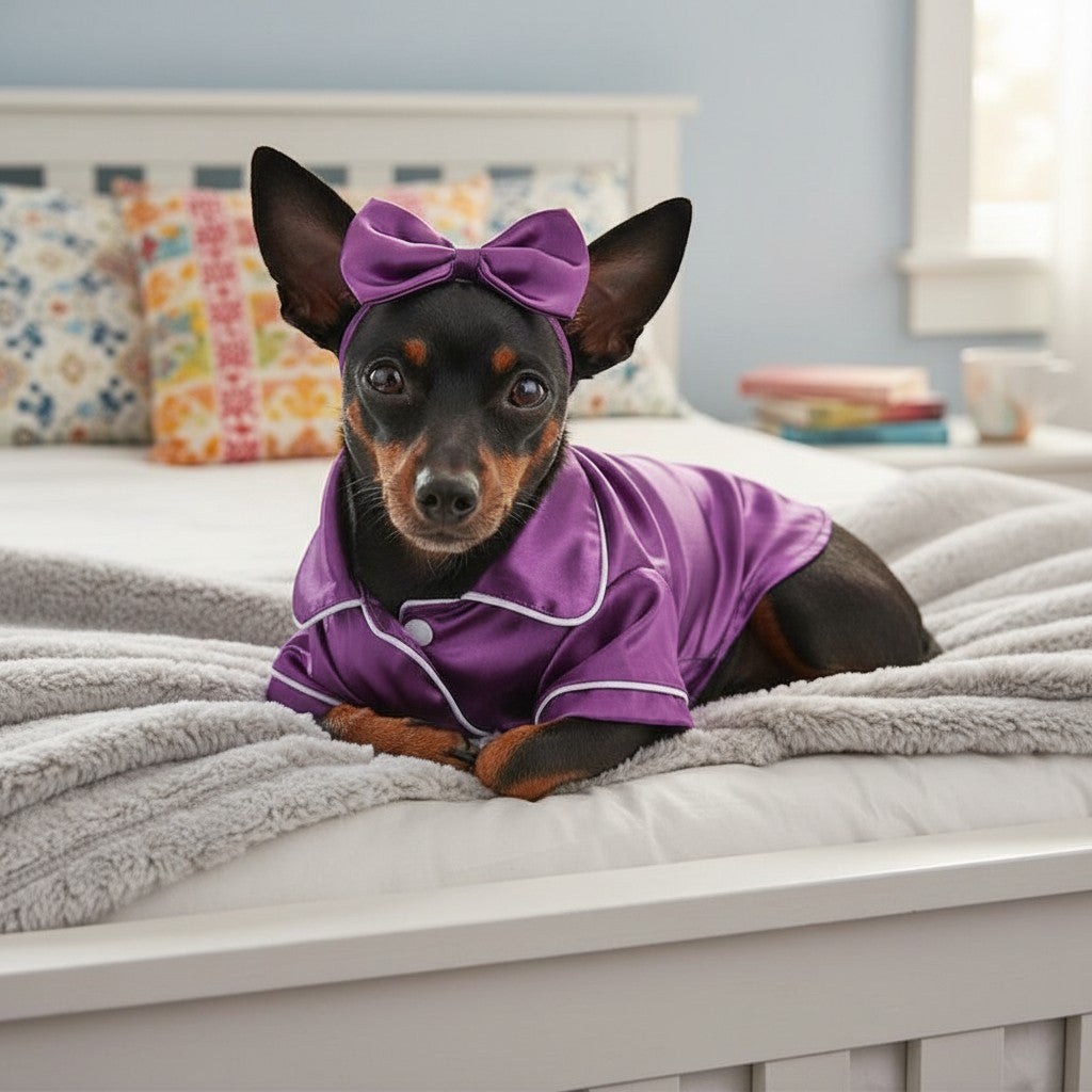The Spoiled Pet Club purple satin dog pajamas with white piping and matching head bow on a small dog in a bedroom.