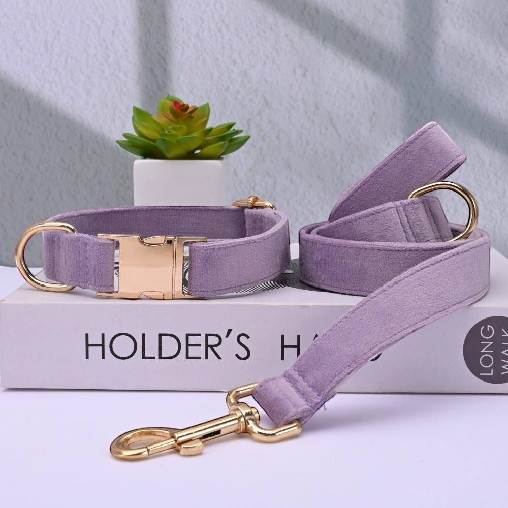The Spoiled Pet Club light purple velvet dog collar and leash set with gold hardware. Adjustable and comfortable for pets.