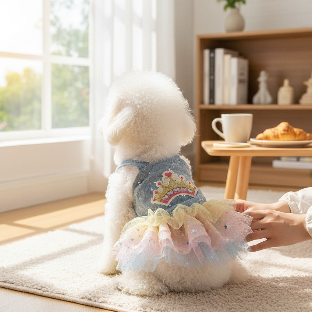 The Spoiled Pet Club dog wearing a denim bodice dress with a colorful pastel rainbow crown gauze tutu skirt.
