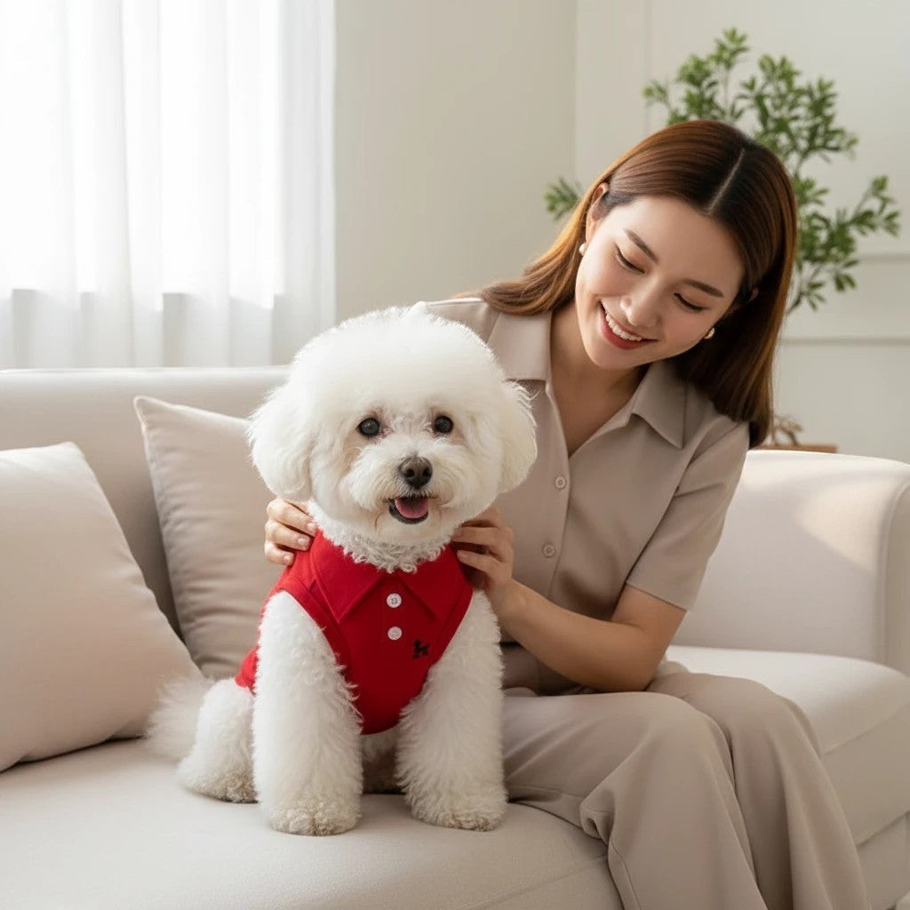 The Spoiled Pet Club red polyester dog vest with embroidered detail and button collar. A white bichon frise sits on a couch.