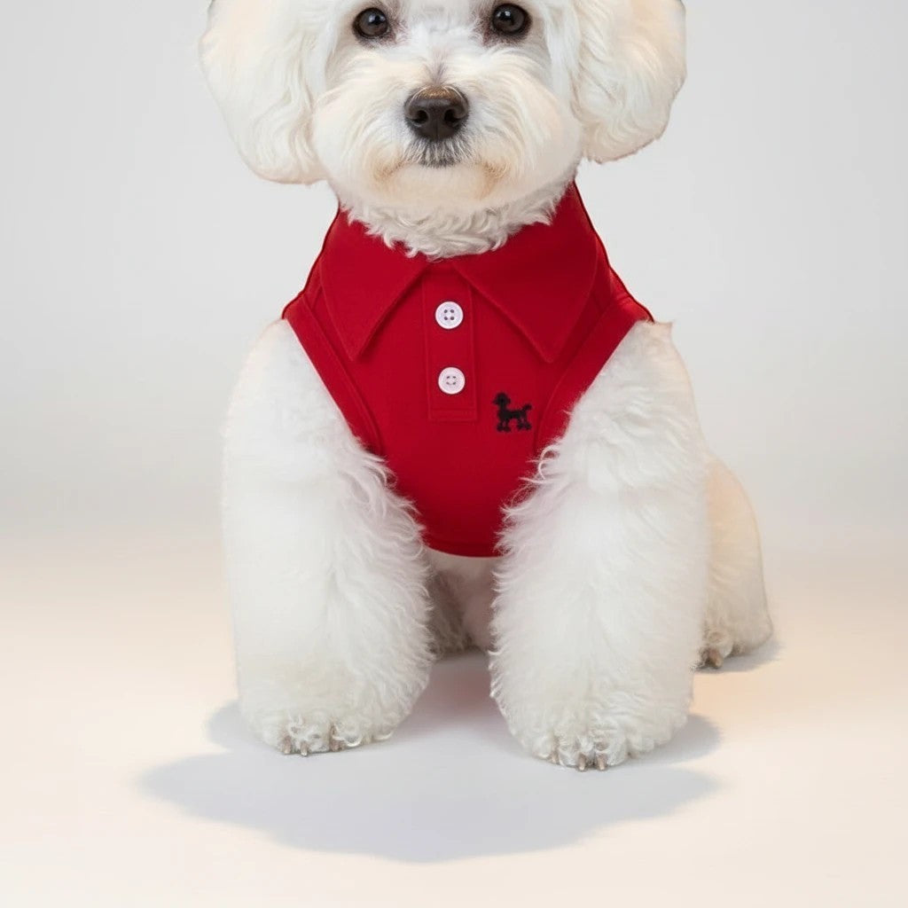 The Spoiled Pet Club red polyester dog vest with embroidered dog logo and white buttons