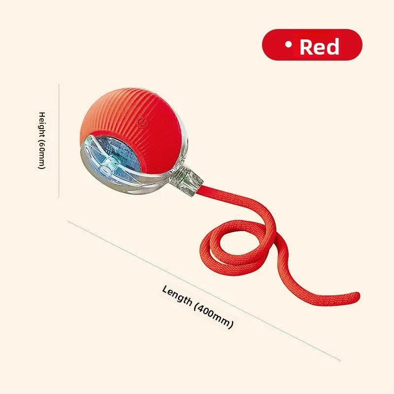 The Spoiled Pet Club interactive red rolling dog toy ball with a long tail and built-in obstacle avoidance technology.