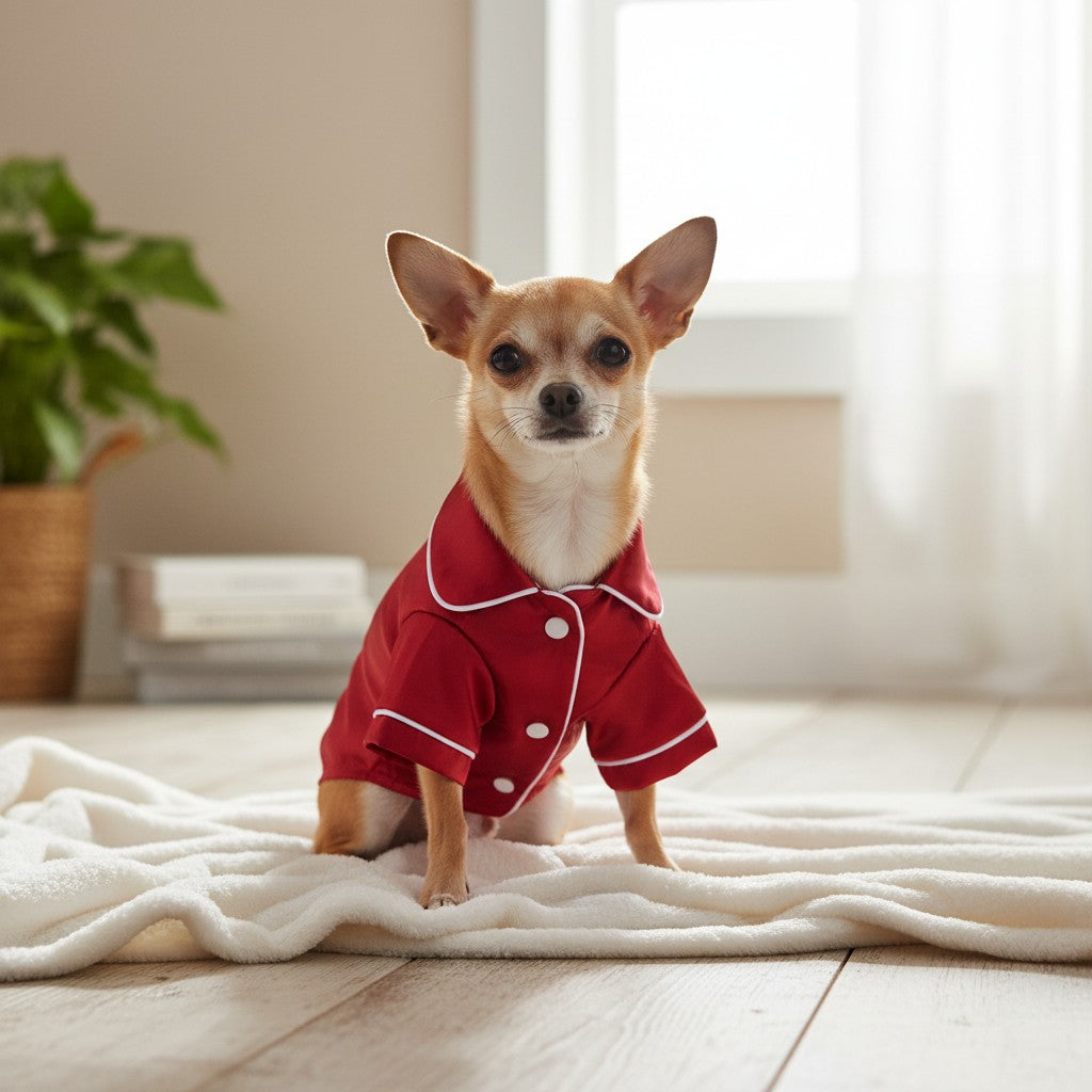 A chihuahua wearing The Spoiled Pet Club red satin dog pajamas with white piping and buttons on a soft white blanket.