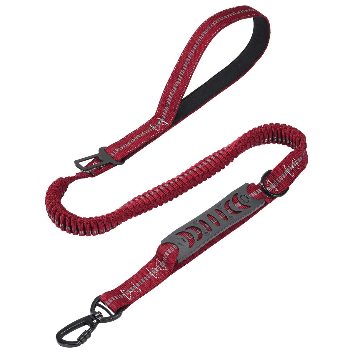 The Spoiled Pet Club red multifunctional dog leash with shock-absorbing polyester, padded handle, and seatbelt clip.