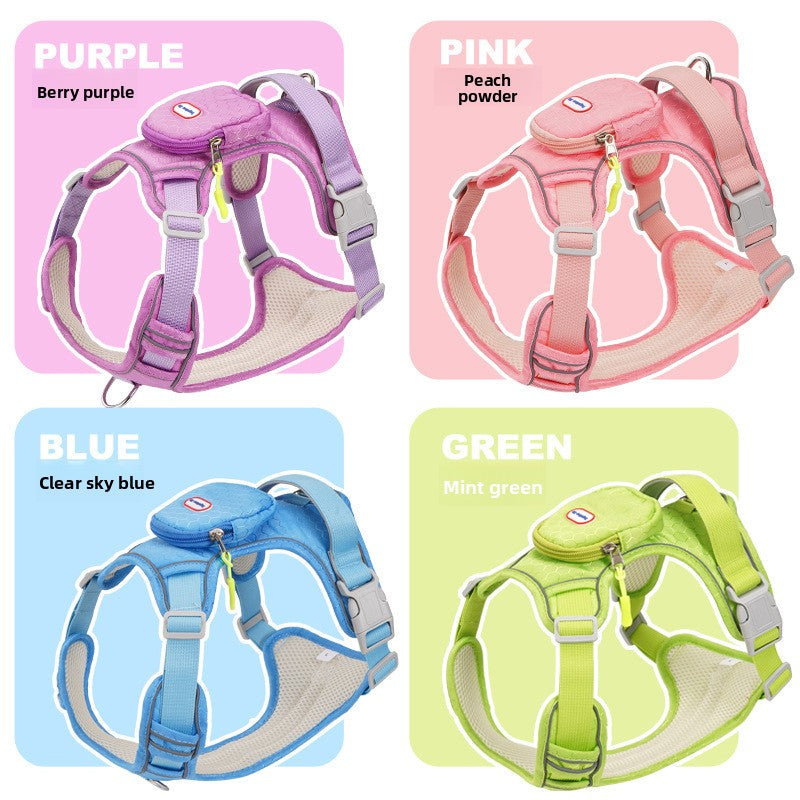 The Spoiled Pet Club Luxe Fit reflective dog harnesses in berry purple, peach powder, clear sky blue, and mint green.