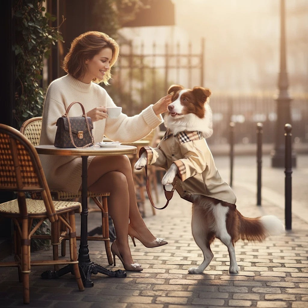 The Spoiled Pet Club khaki dog jacket with plaid collar worn by a dog at an outdoor cafe with a woman.