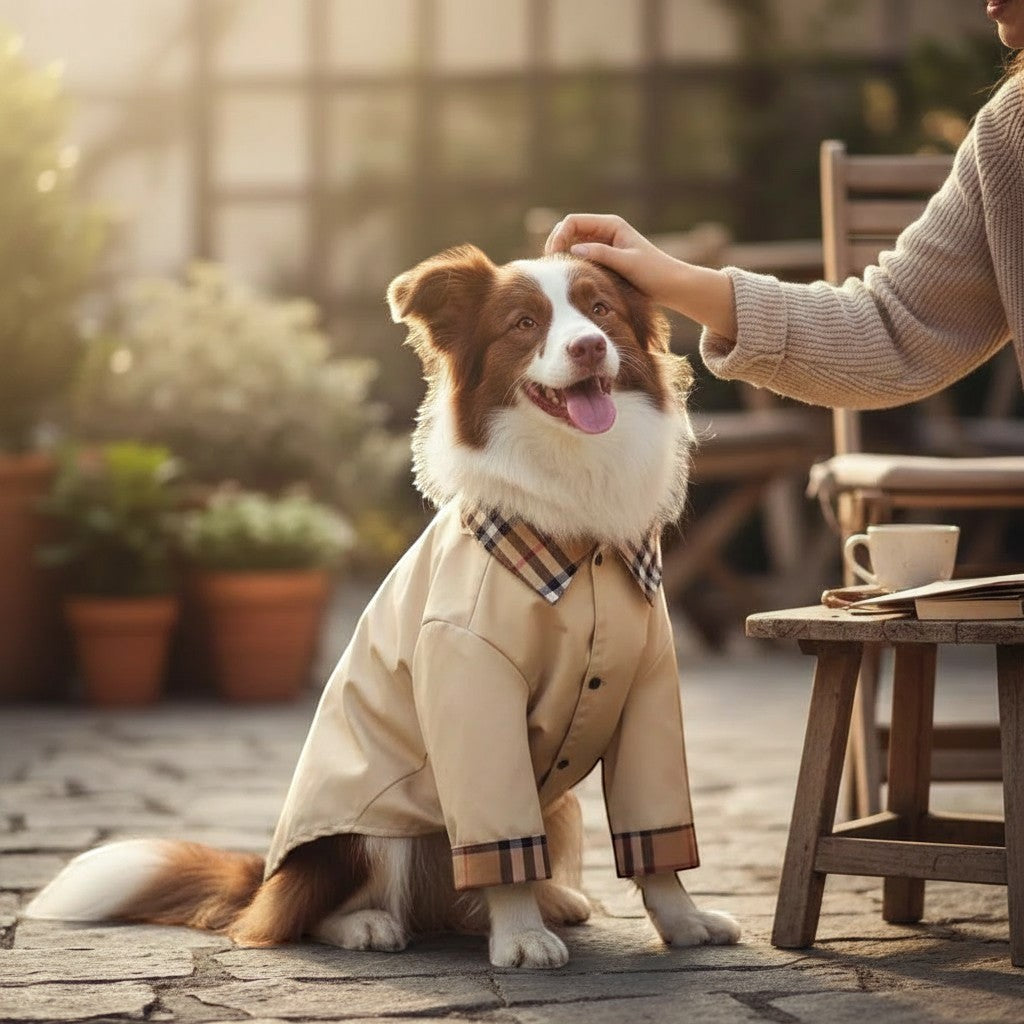 The Spoiled Pet Club khaki dog jacket with plaid collar and cuffs on a happy dog being petted outdoors.