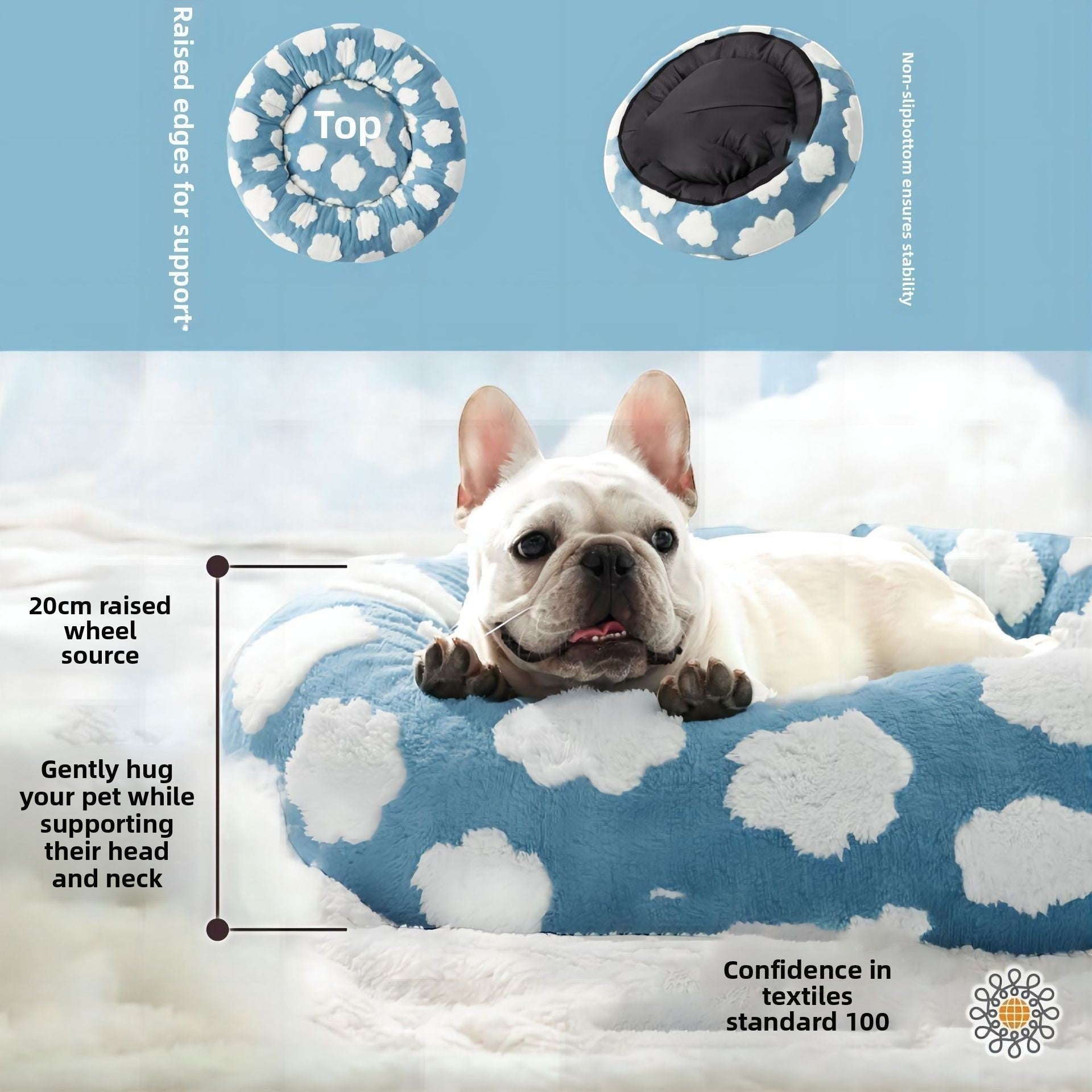 The Spoiled Pet Club round blue pet bed with white cloud pattern, featuring raised edges for head and neck support.
