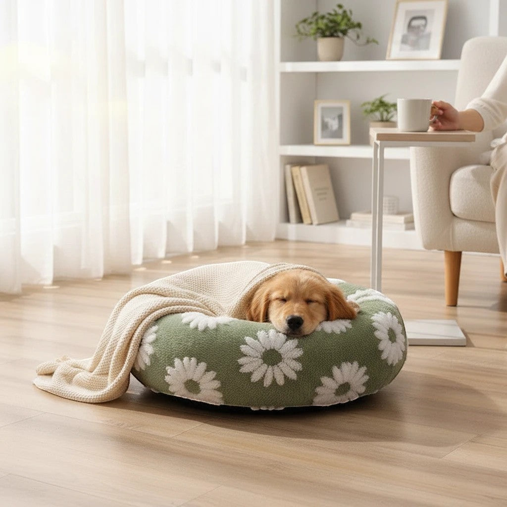 The Spoiled Pet Club round green pet bed with white daisy pattern and a cozy beige blanket, featuring a sleeping puppy.