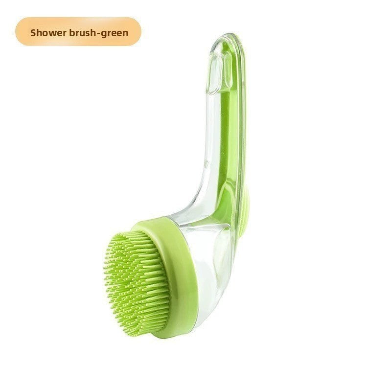 The Spoiled Pet Club Serene Suds Dispenser grooming brush in green silicone and clear plastic with soft bristles.