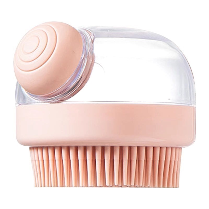The Spoiled Pet Club Serene Suds Dispenser, a pink silicone grooming brush with a built-in soap dispenser.