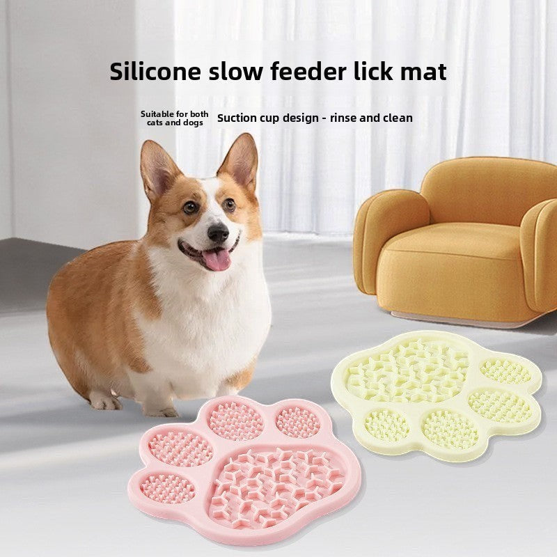 The Spoiled Pet Club paw-shaped silicone slow feeder lick mats in pink and beige for cats and dogs