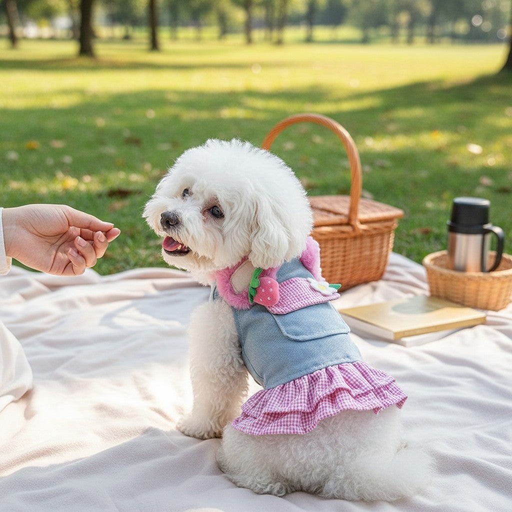 The Spoiled Pet Club strawberry denim pet dress on a white dog sitting on a picnic blanket in a sunny park