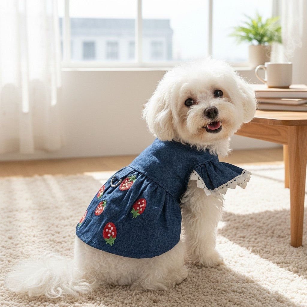 The Spoiled Pet Club strawberry print denim pet dress with ruffled lace sleeves on a small white dog.