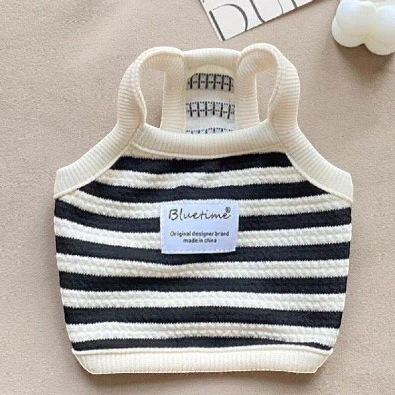 The Spoiled Pet Club black and white striped acrylic fiber tank top for dogs.
