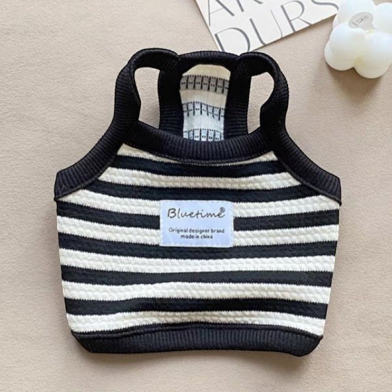 The Spoiled Pet Club black and white striped acrylic fiber dog tank top with ribbed trim.