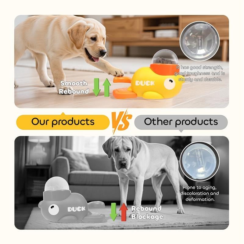 The Spoiled Pet Club Treat Me Duck treat dispenser toy for dogs, yellow duck shape, interactive feeder.