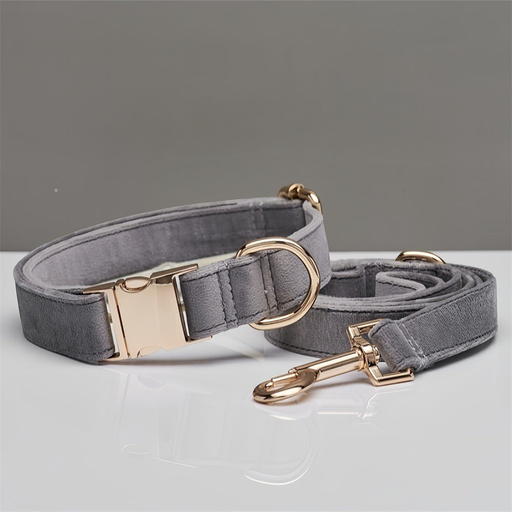 The Spoiled Pet Club light gray velvet dog collar and matching leash set with gold-tone metal hardware.