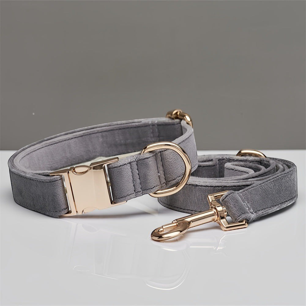 The Spoiled Pet Club light gray velvet dog collar with gold buckle and leash. Adjustable and comfortable for pets.
