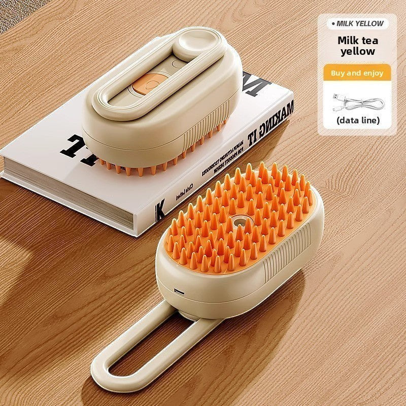 The Spoiled Pet Club Velvet Paw Spa Brush in milk tea yellow, with silicone bristles and built-in soap dispenser.