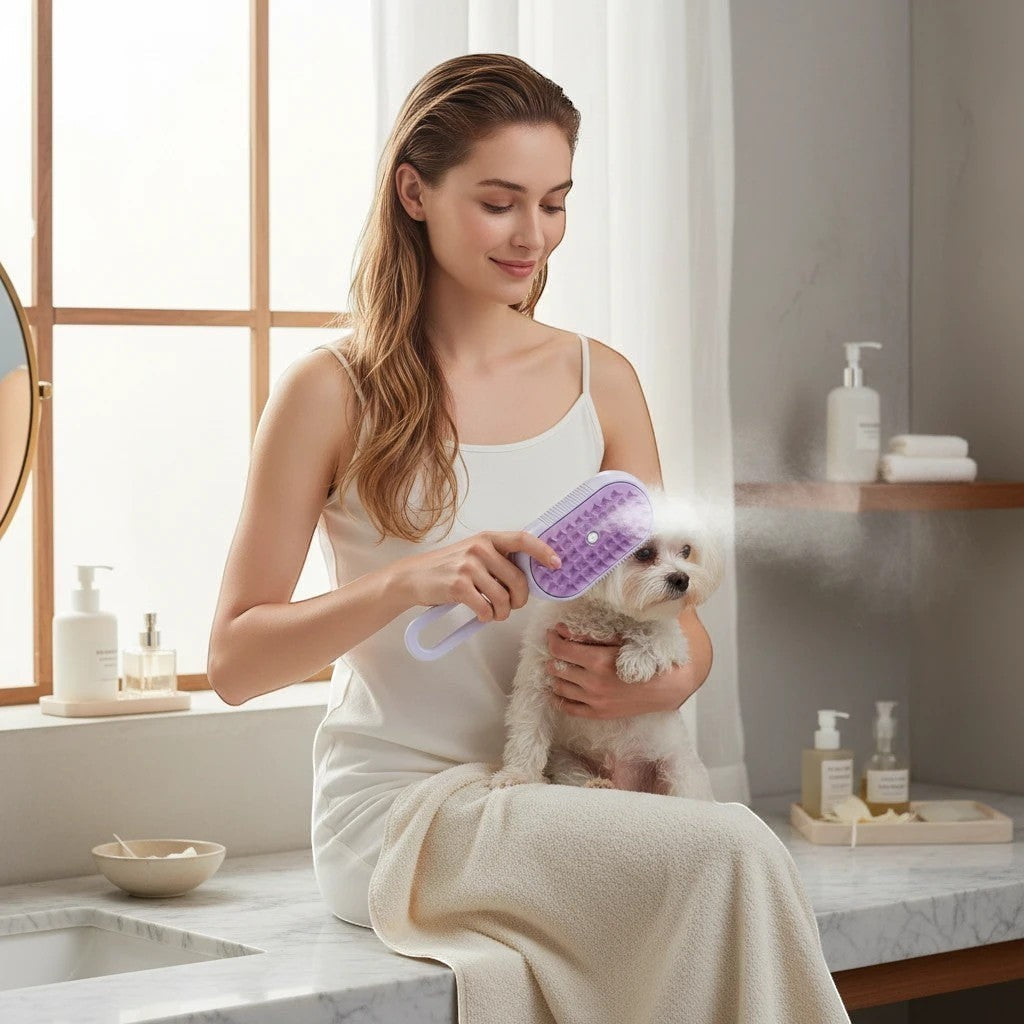 The Spoiled Pet Club Velvet Paw Spa Brush with steam function, purple silicone bristles, and built-in soap dispenser for pet grooming.