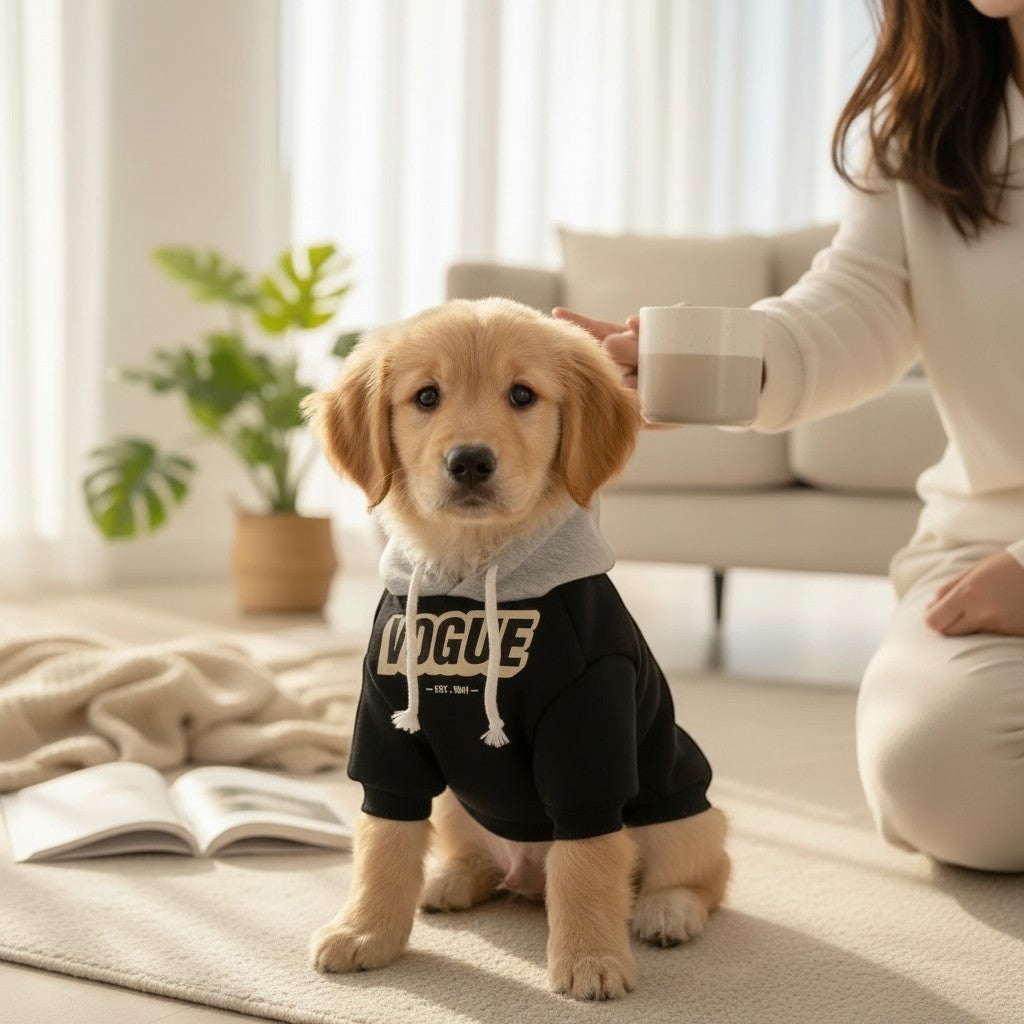 The Spoiled Pet Club polyester dog hoodie in black with a grey hood and Vogue graphic, worn by a golden retriever.