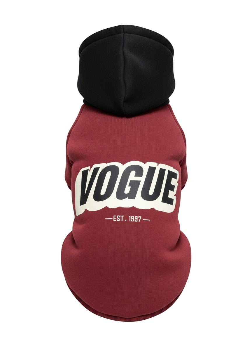 The Spoiled Pet Club burgundy polyester dog hoodie with a black hood and VOGUE EST. 1997 graphic print on the back.