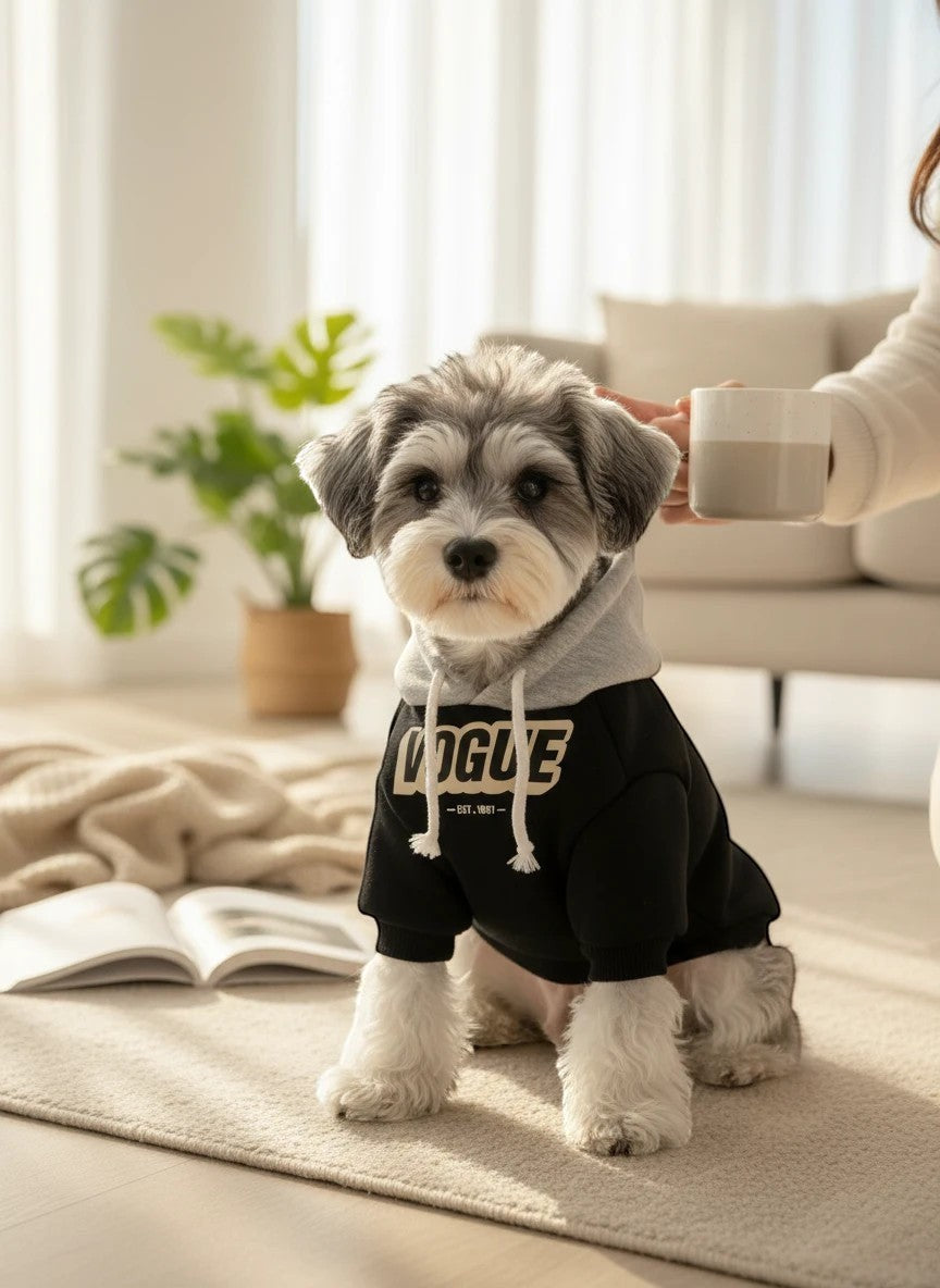 The Spoiled Pet Club dog hoodie in black with a grey hood and Vogue graphic, worn by a small Schnauzer indoors.