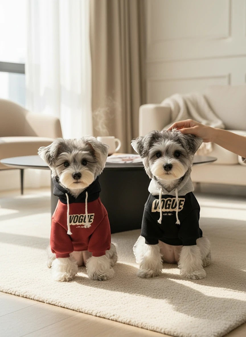 Two Schnauzer puppies wearing The Spoiled Pet Club Vogue hoodies in burgundy and black with white drawstring hoods.