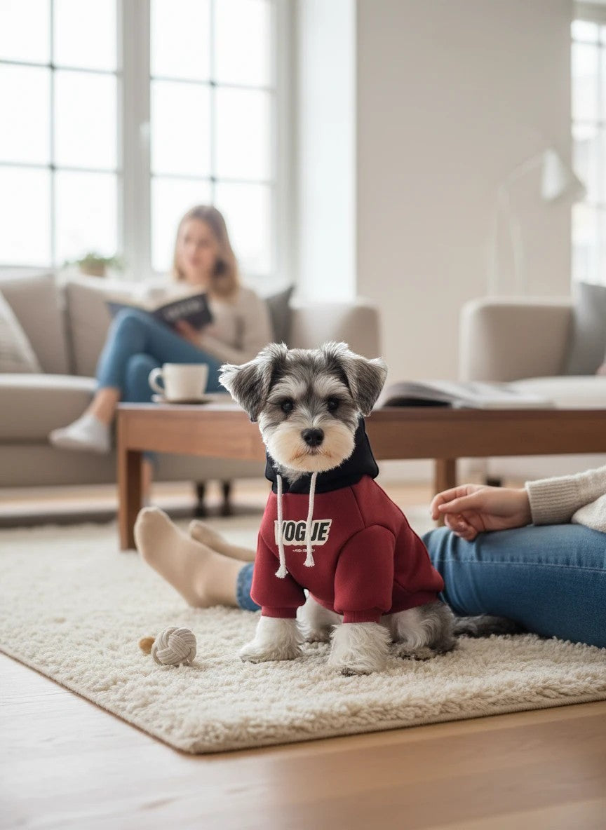 The Spoiled Pet Club burgundy polyester hoodie with black hood and VOGUE text worn by a small dog on a rug