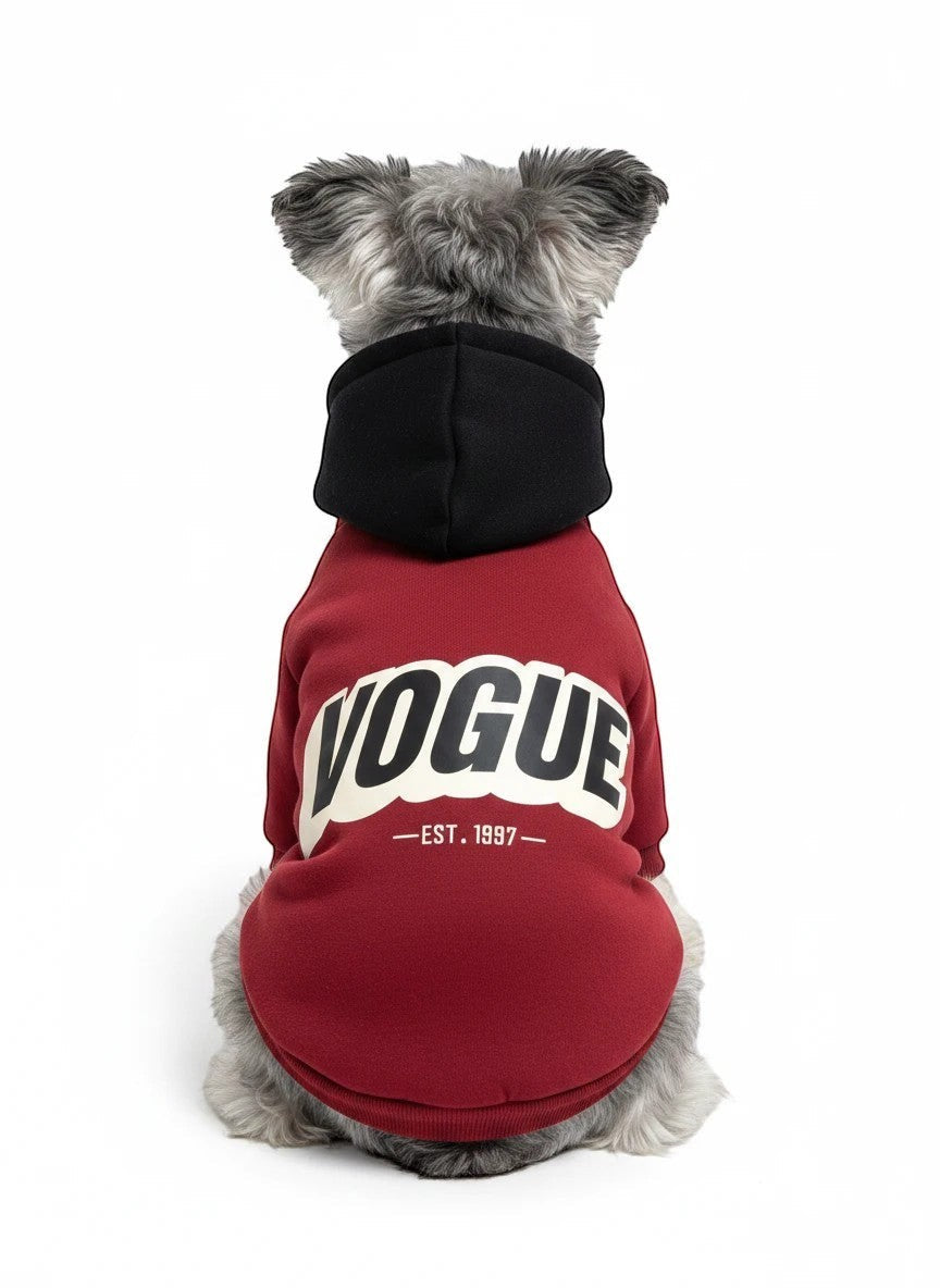The Spoiled Pet Club burgundy polyester hoodie with black hood and VOGUE text for small to large dogs and cats