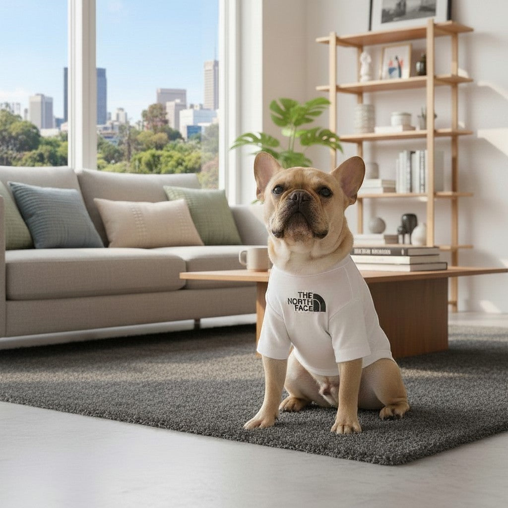 The Spoiled Pet Club white cotton dog t-shirt worn by a French Bulldog sitting on a rug in a bright living room.