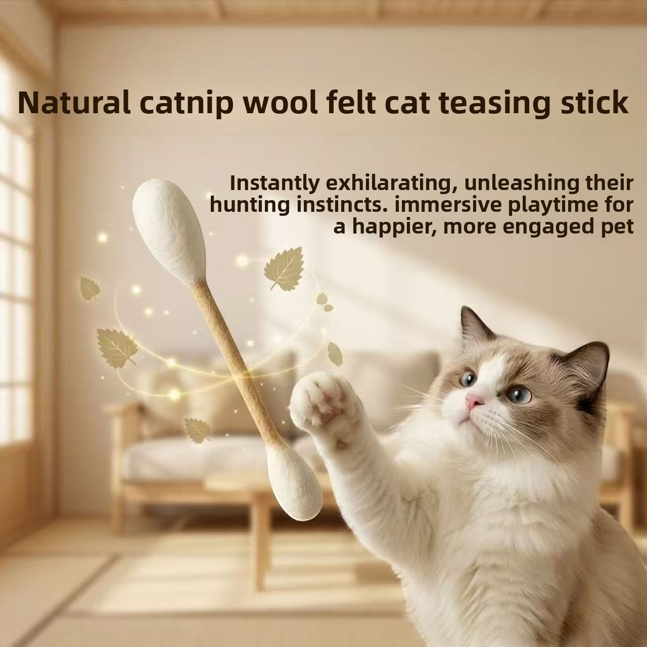 The Spoiled Pet Club catnip-infused wool felt teasing stick toy being swiped at by a fluffy cat in a bright room